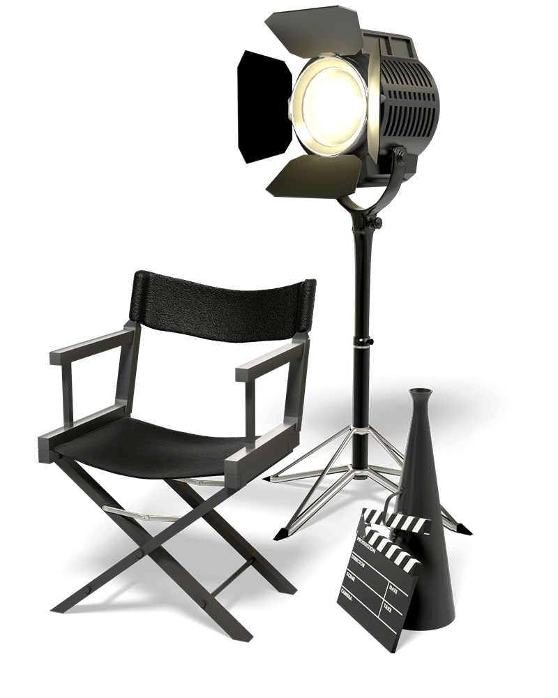 Lampa, krzesło i klaps filmowy